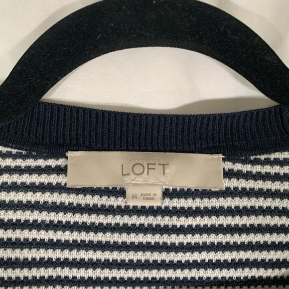 LOFT Cardigan Women's Medium Blue White Striped Knit Open Front 100% Cotton - Picture 2 of 9